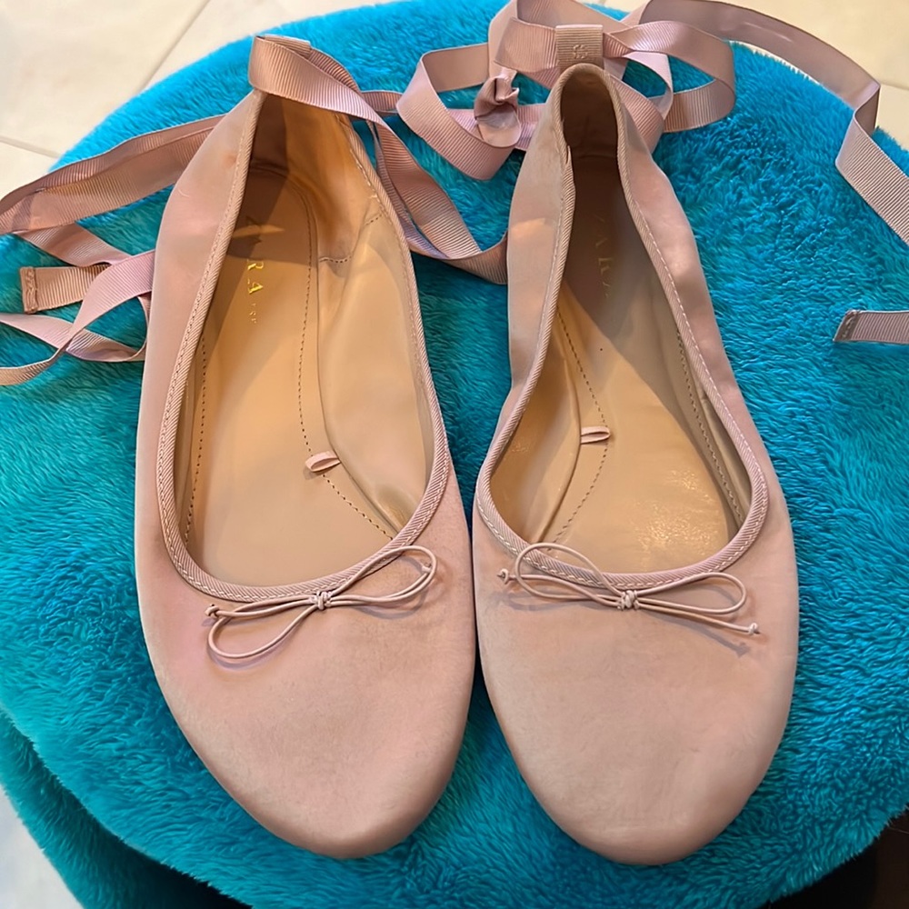 Zara TRF Pale Pink Satin Ballet Flats Ribbon Tie size 37